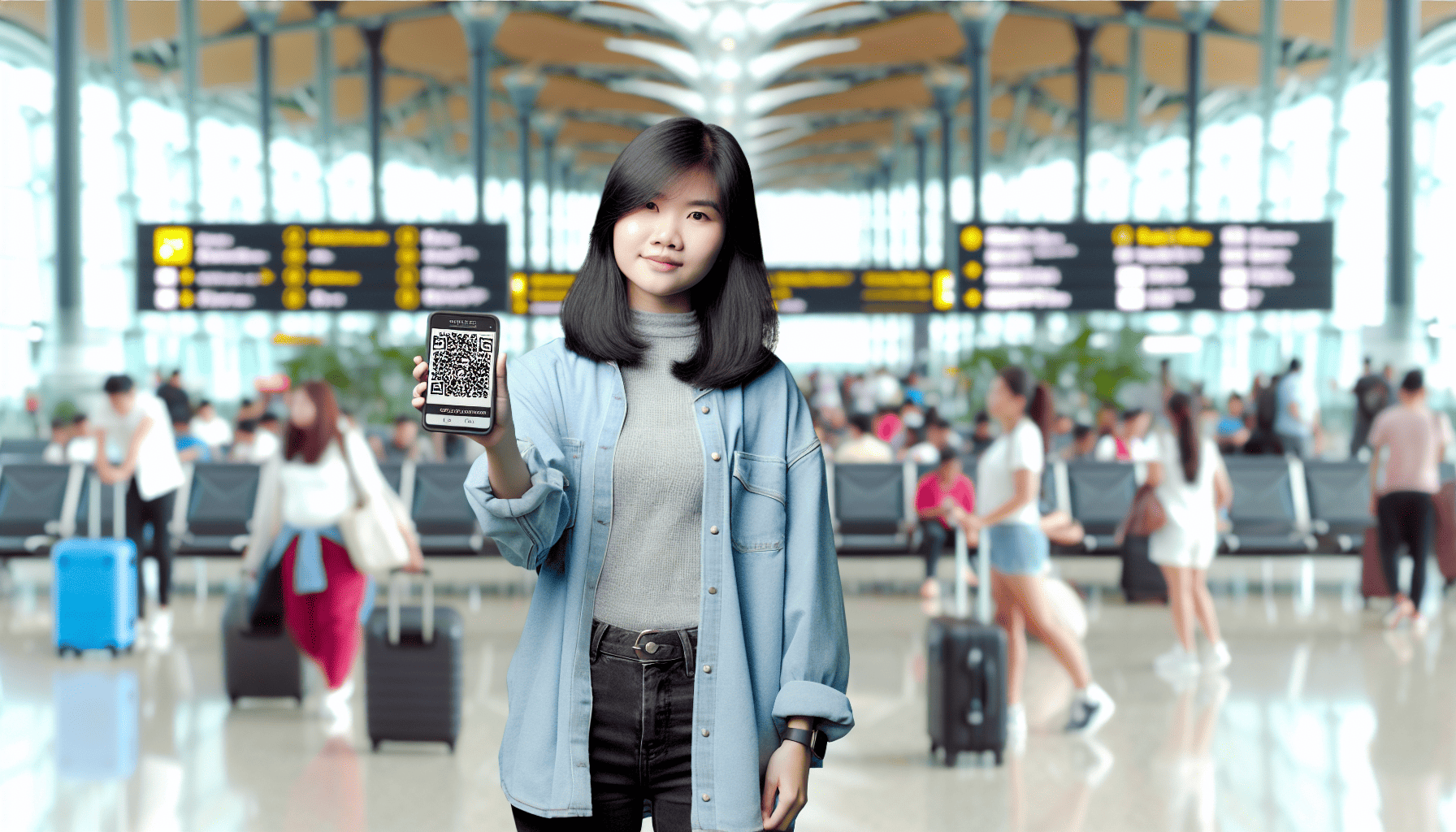 Traveler holding smartphone with e Arrival Card QR code